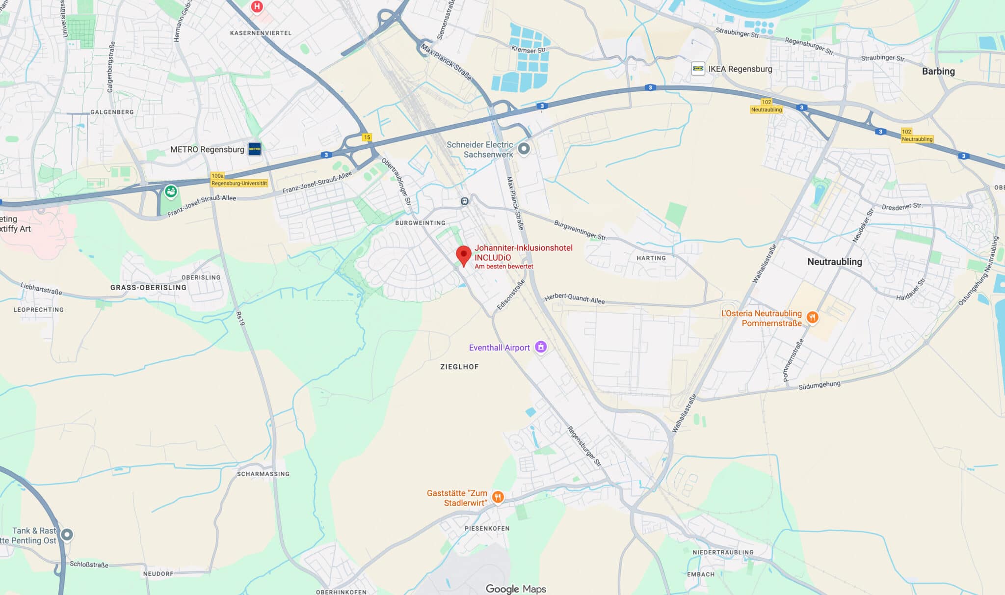 Ausschnitt einer Google Maps Karte mit dem Hotel INCLUDiO in der Mitte